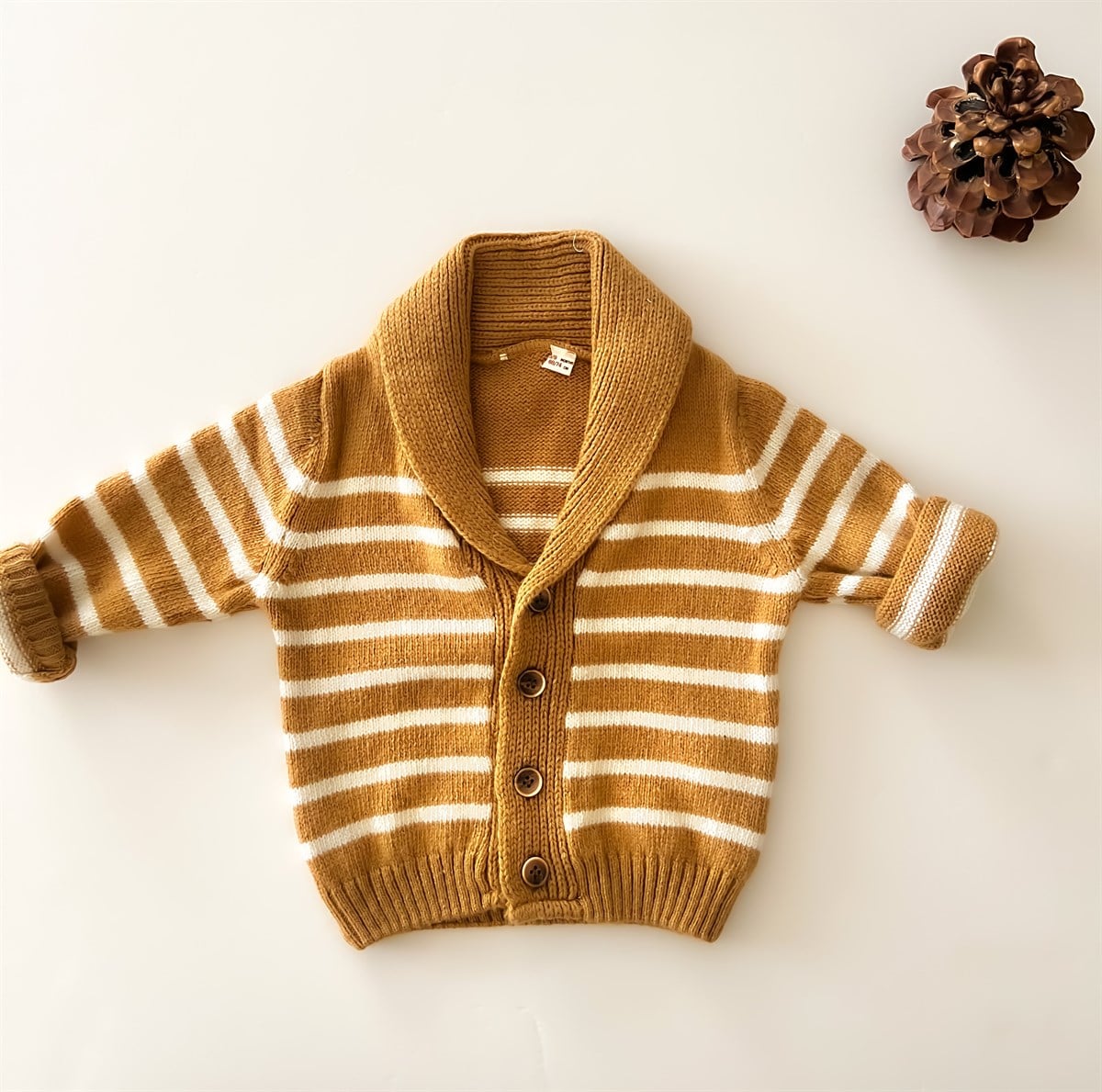 Camel Çizgili Önden Düğmeli Hırka