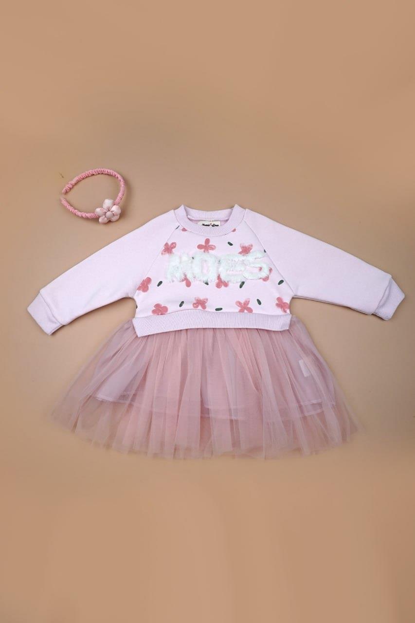 Çiçek Desenli Pembe Sweatli Tütülü Elbise