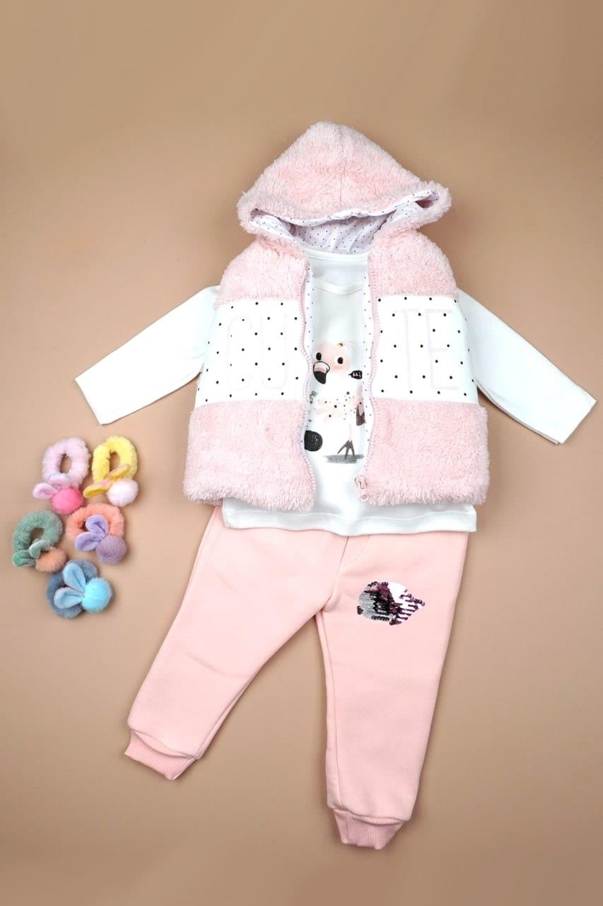 Kız Bebek Pembe Peluş Yelekli 3'lü Takım