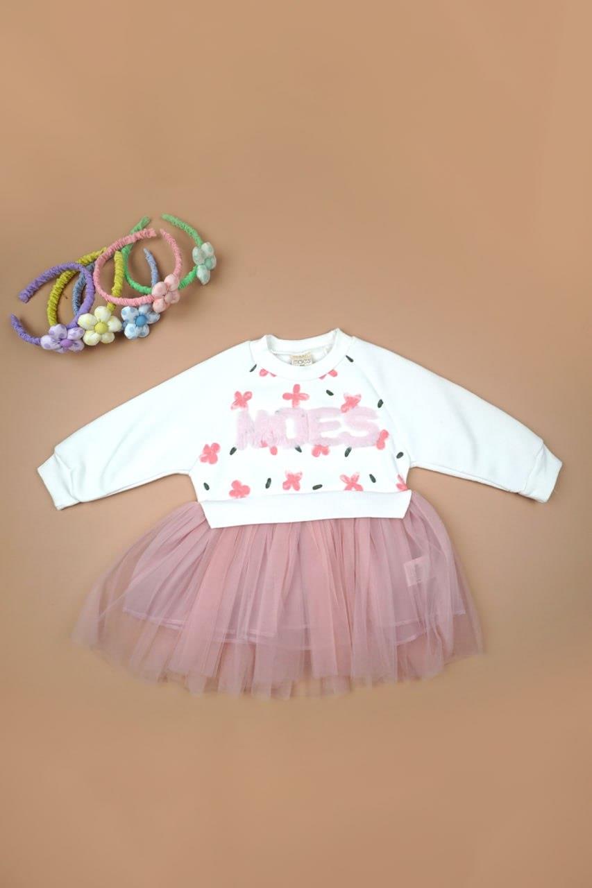 Kız Çocuk Çiçek Desenli Beyaz Sweatli Tütülü Elbise