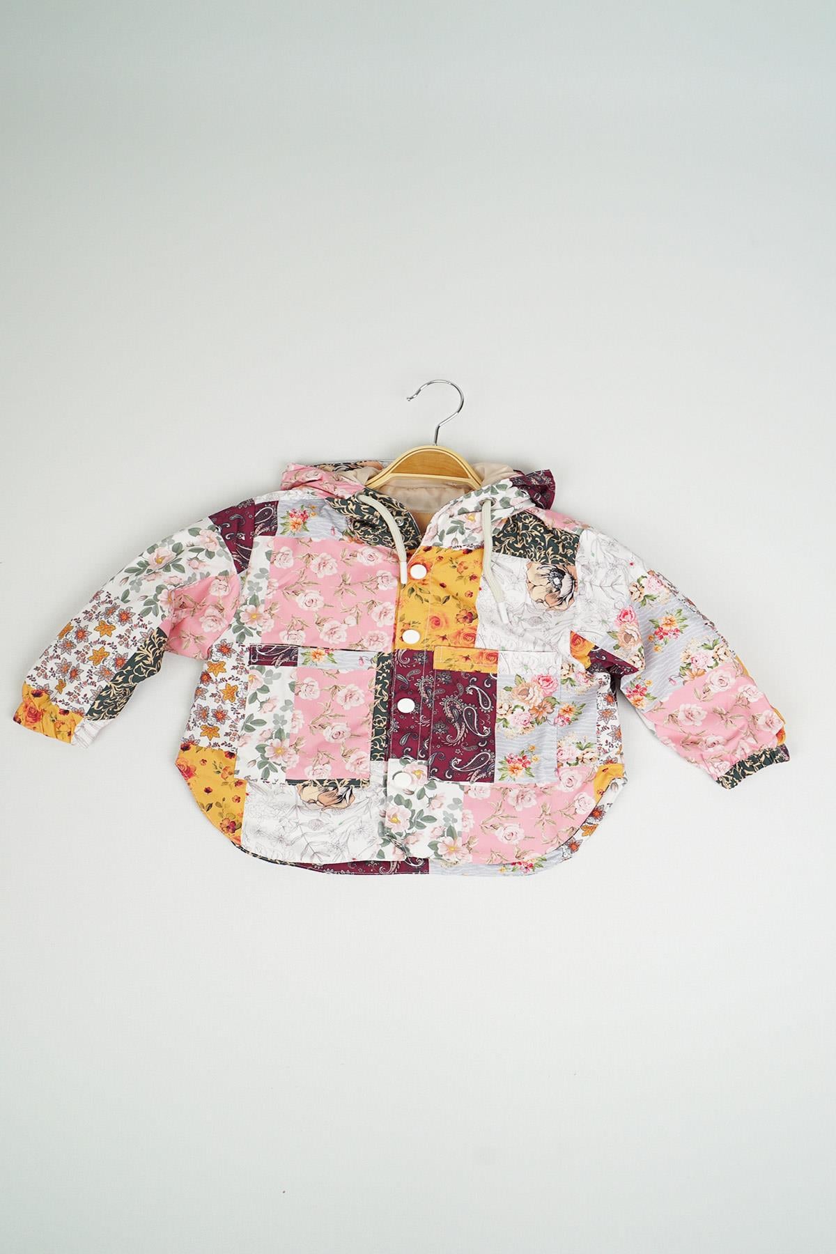 Kız Çocuk Desenli Patchwork Ceket