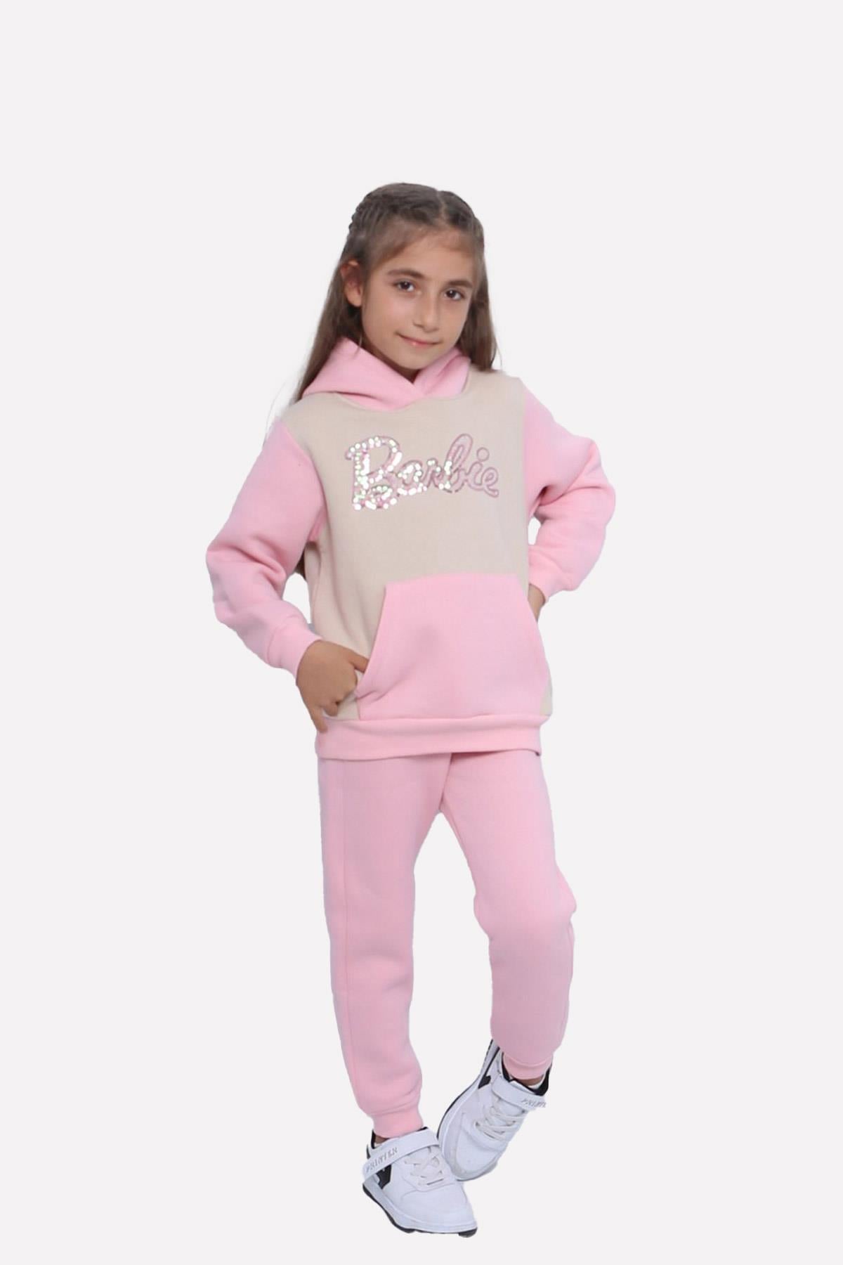 Kız Çocuk Kapşonlu Pembe Krem Eşofman Takım
