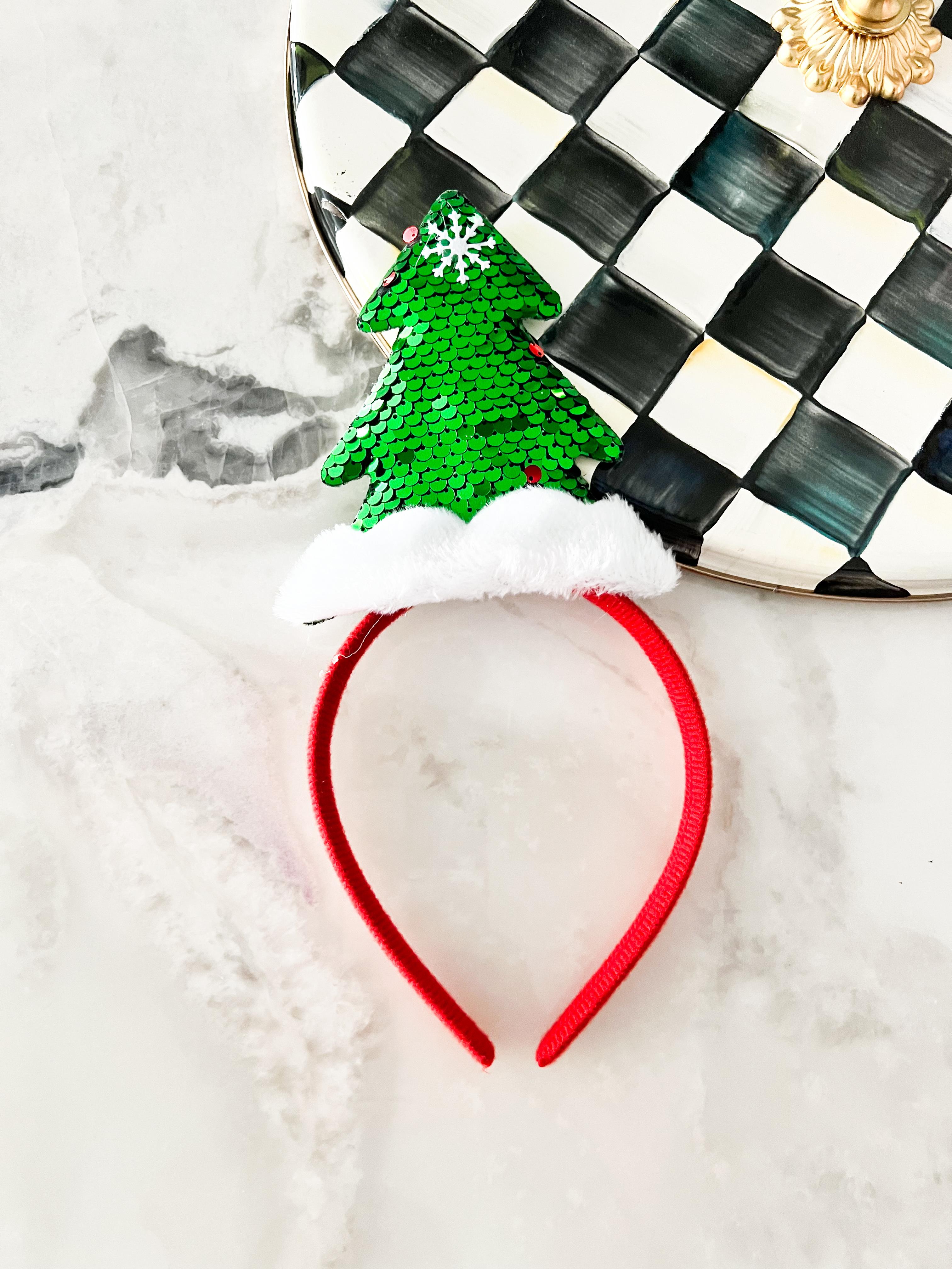 Tüylü Pullu Yeşil Çam Ağacı Figürlü Kırmızı Kız Çocuk Taç