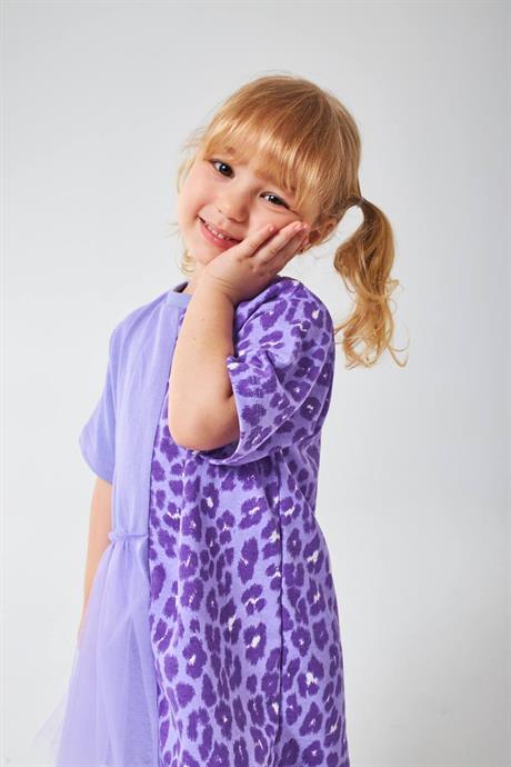 Kız Çocuk Mor Leopar Tüllü Elbise