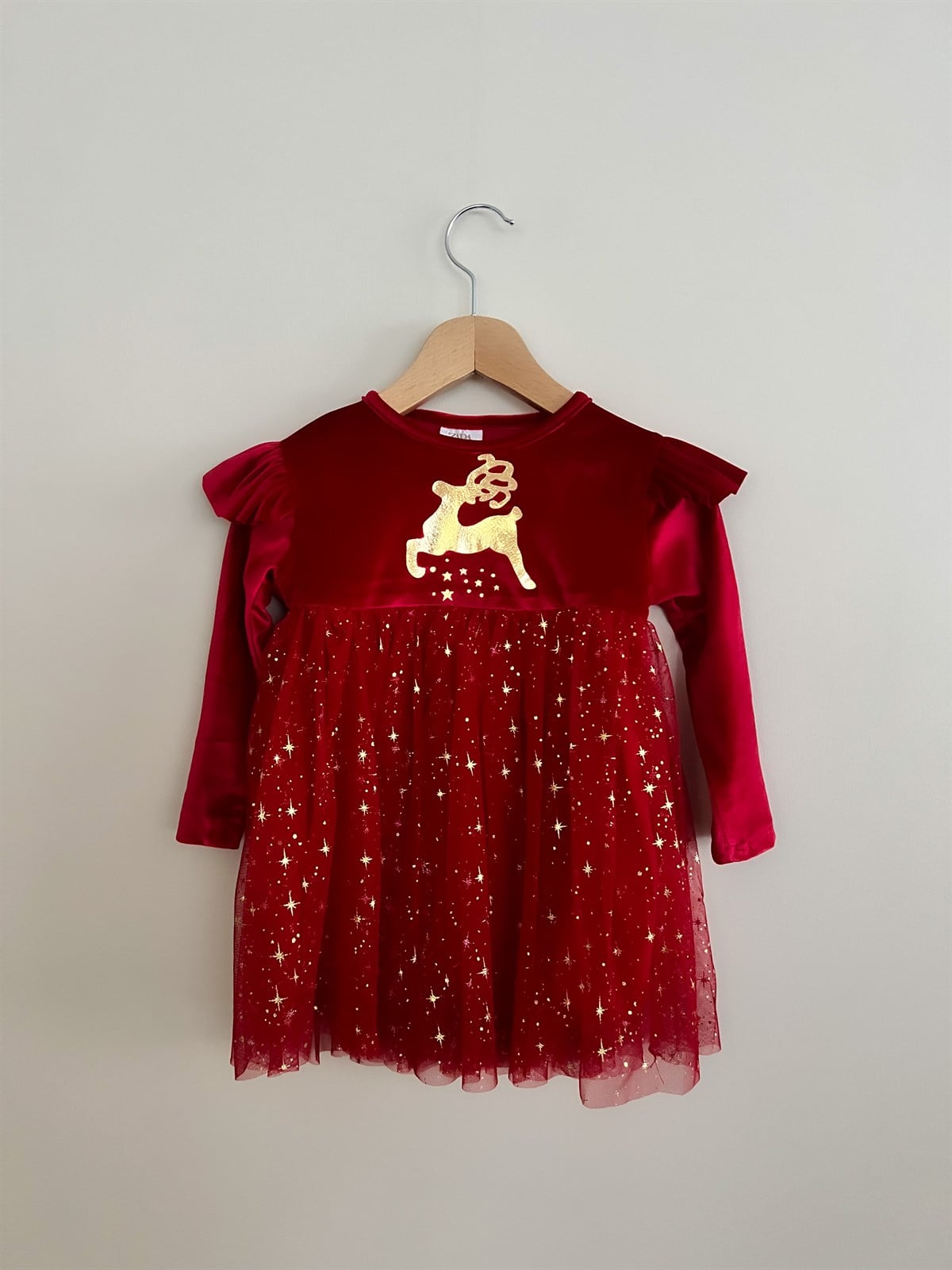 Kırmızı Kadife Geyikli Yıldız Desenli Tütülü Elbise