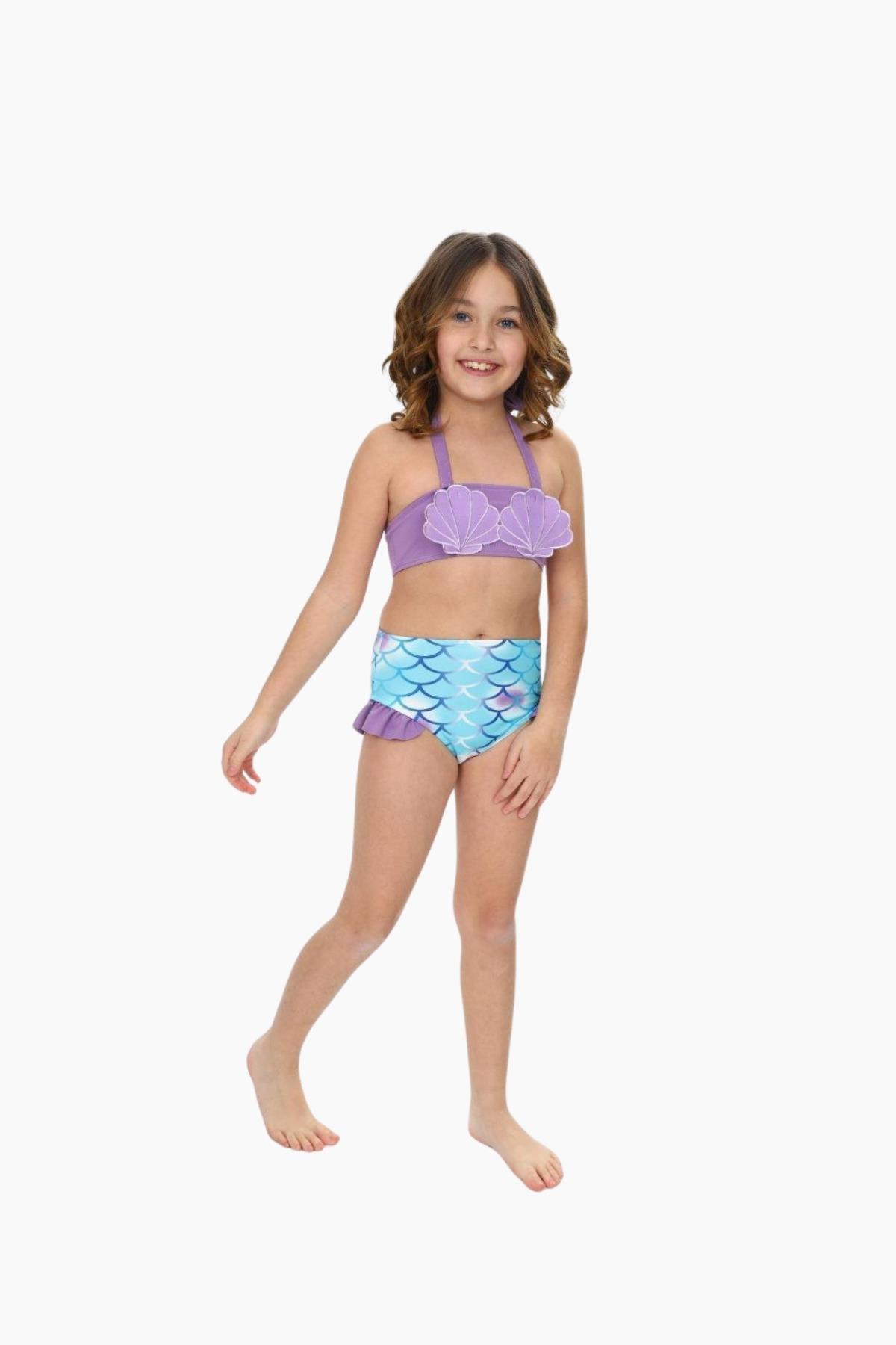 Kız Çocuk Deniz Kızı Temalı Kabuk Detaylı Bikini Takımı