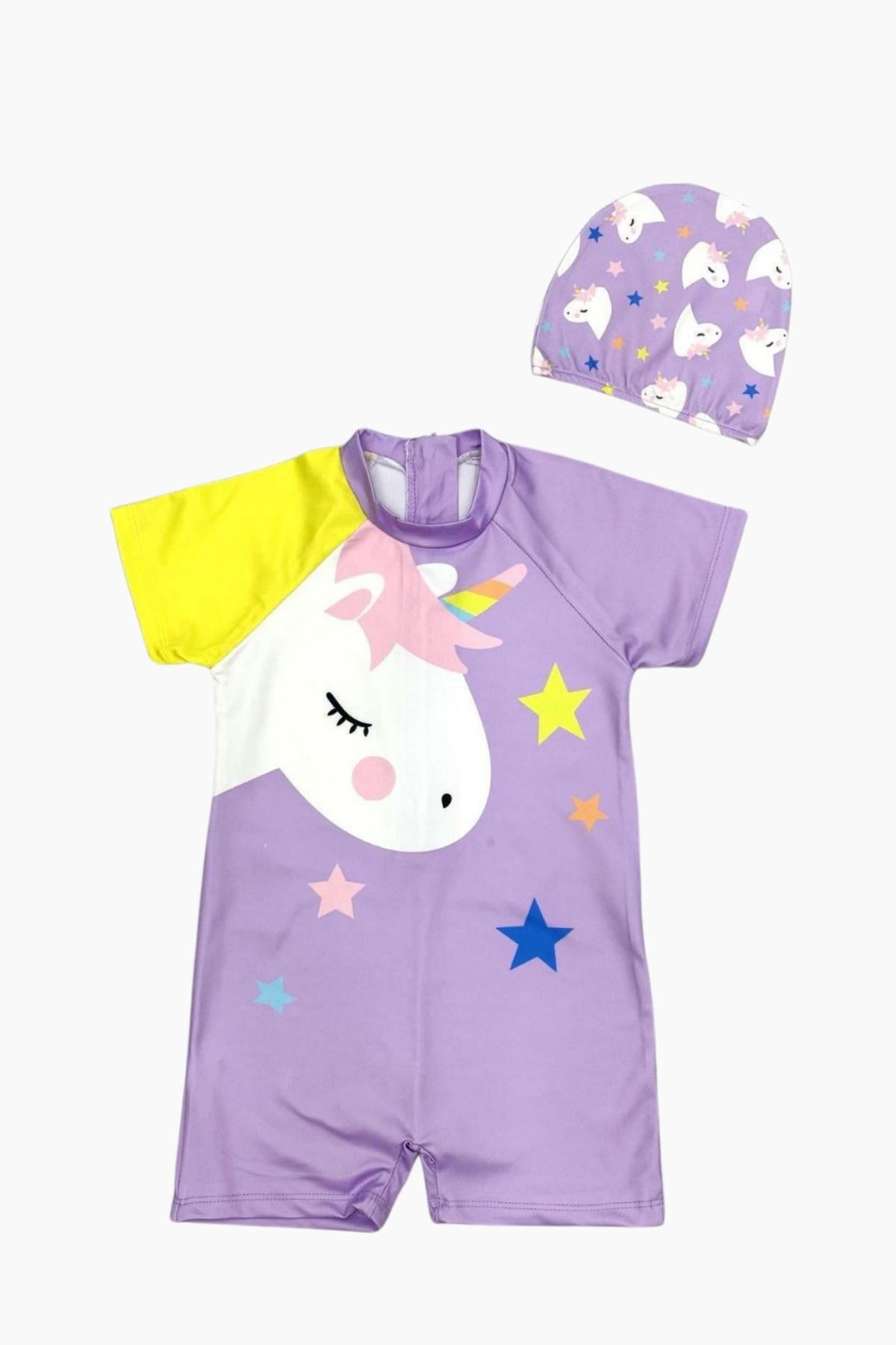 Kız Çocuk Mor Unicorn Desenli Kısa Kollu Mayo Takımı