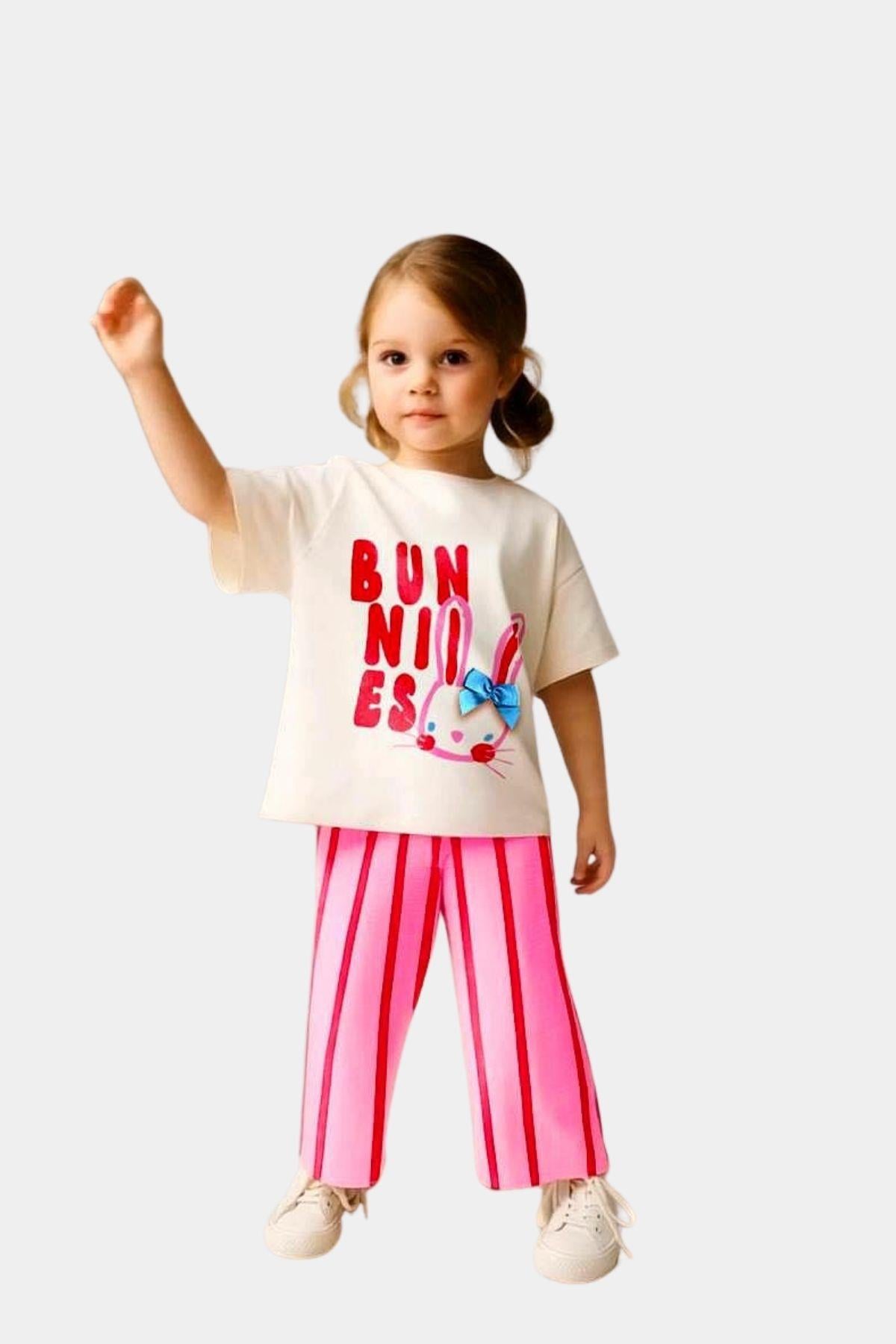 Kız Çocuk Müslin Jogger Pantolonlu Baskılı Kurdele Detaylı Takım