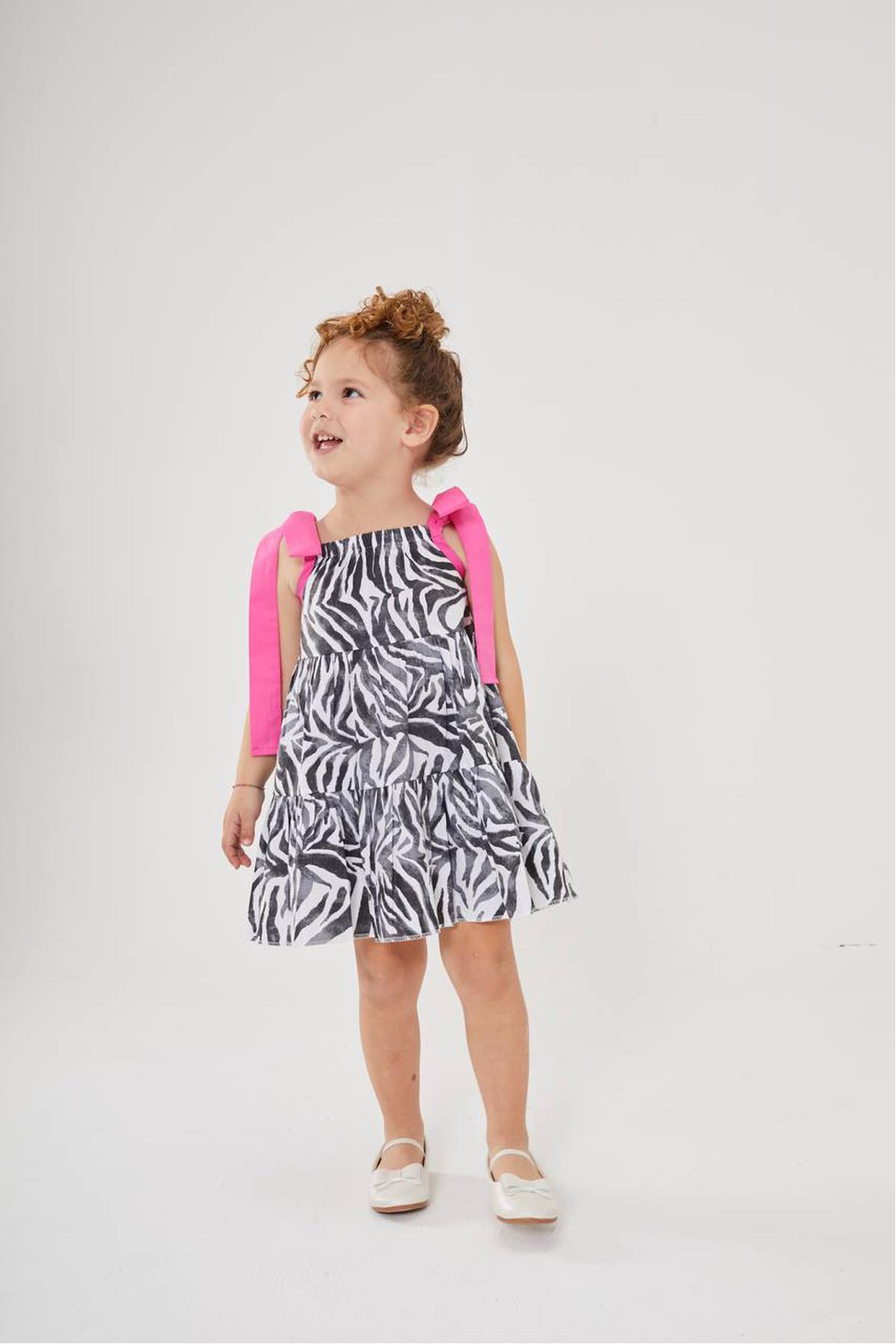 Kız Çocuk Pembe Askılı Zebra Desenli Elbise