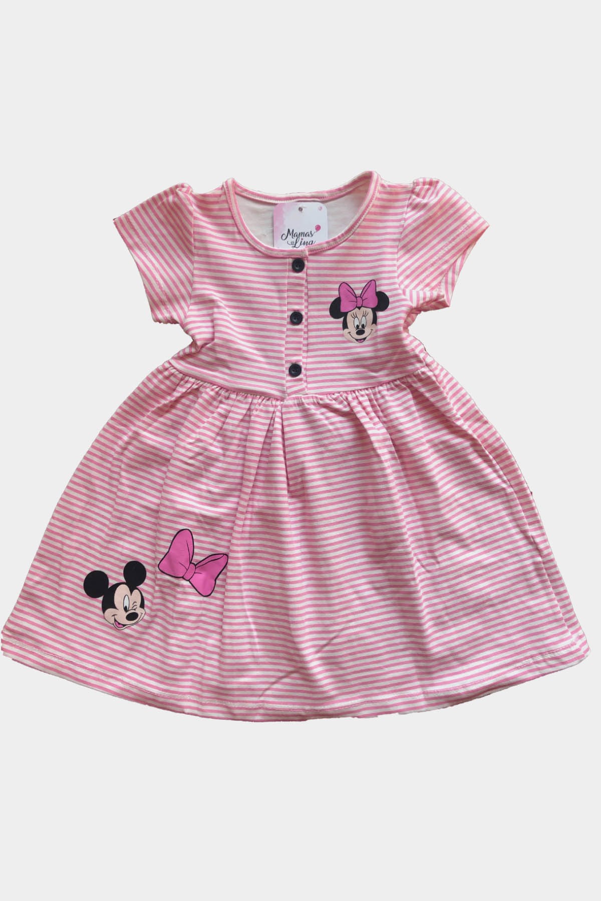 Kız Çocuk Pembe Minnie Mickey Mouse Çizgili Elbise
