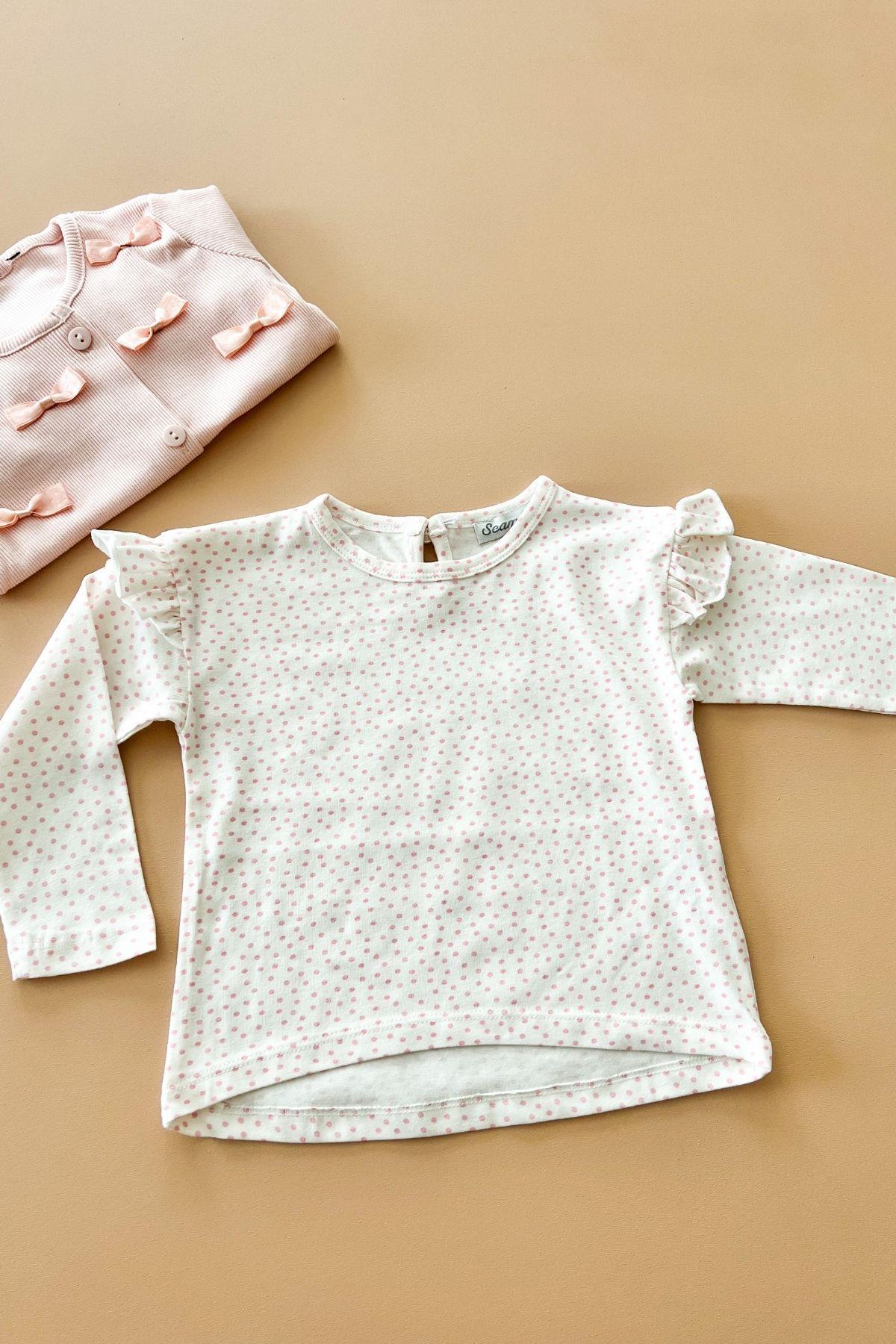 Kız Çocuk Pembe Puantiyeli Beyaz Basic Tişört