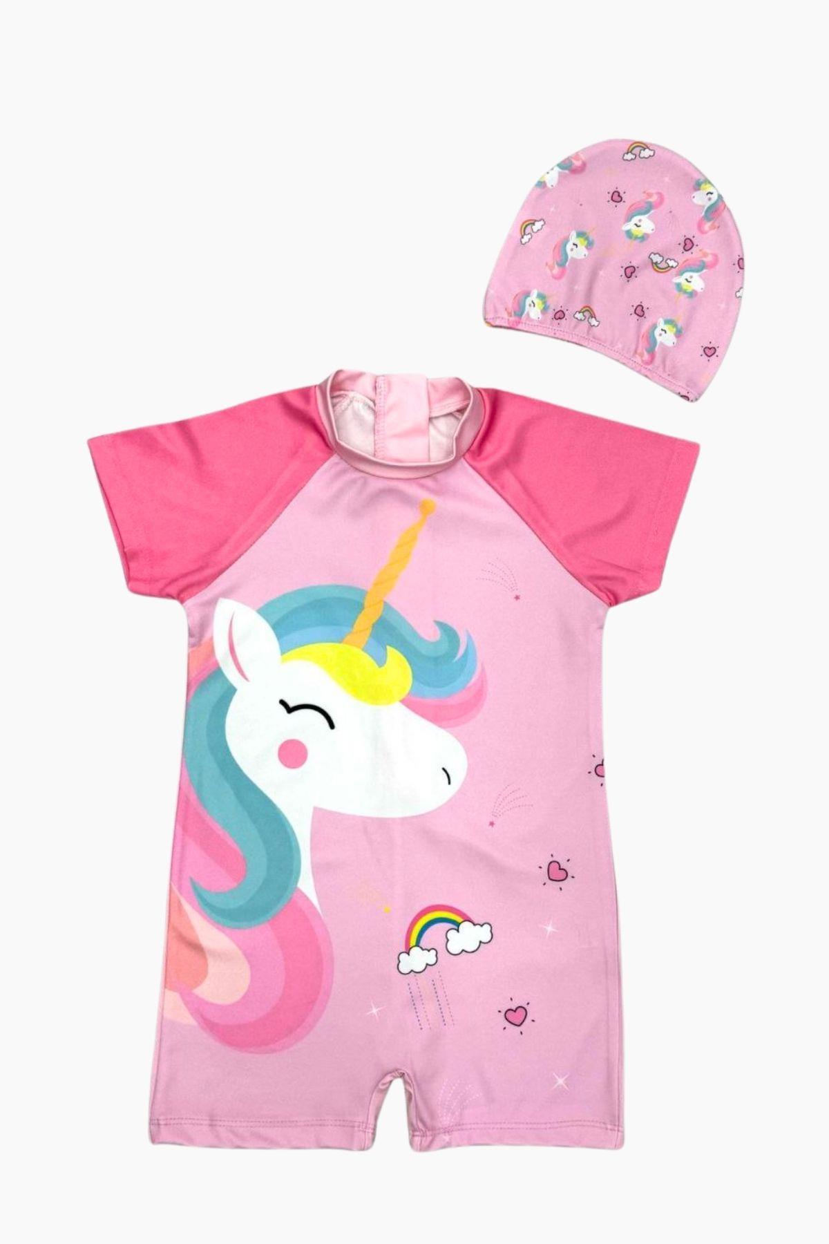 Kız Çocuk Pembe Unicorn ve Gökkuşağı Desenli  Mayo ve Bone Takımı