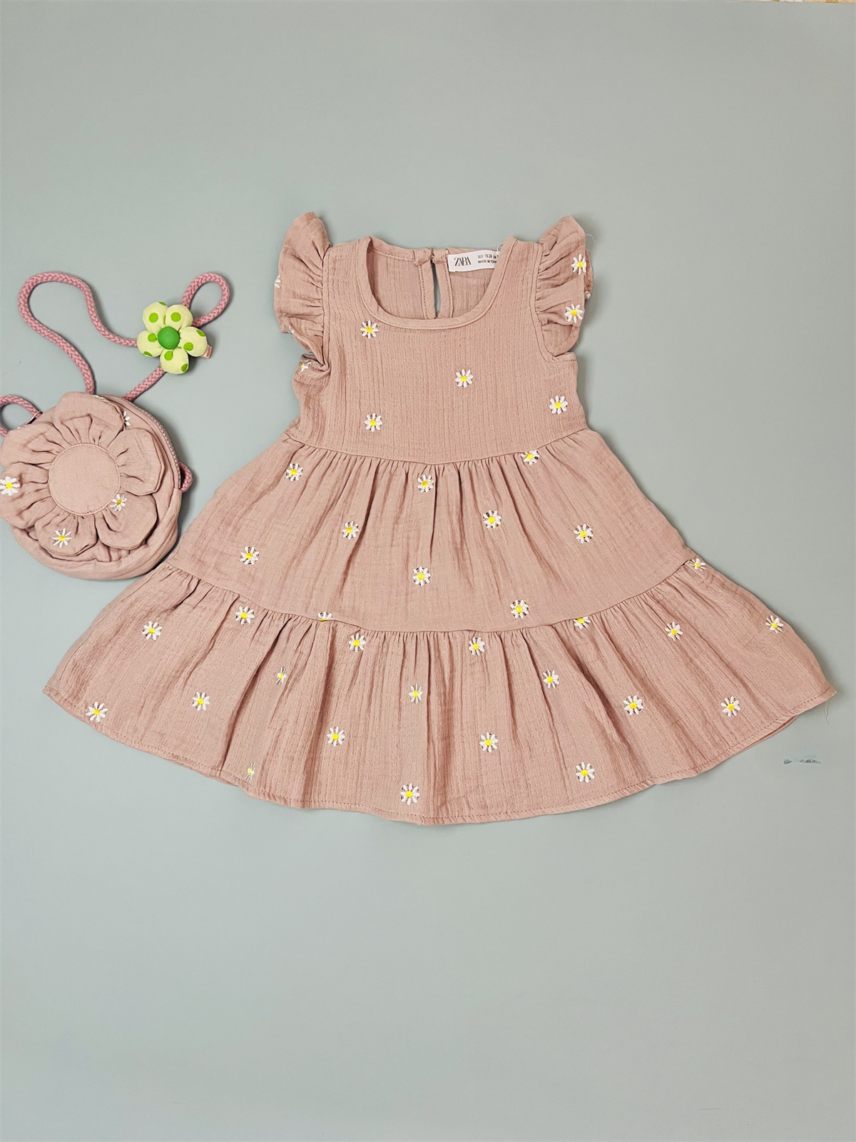 Pembe Organik Müslin Papatya Baskılı Elbise