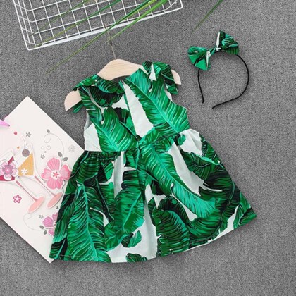Kız Çocuk Yeşil Yapraklı Taçlı Elbise