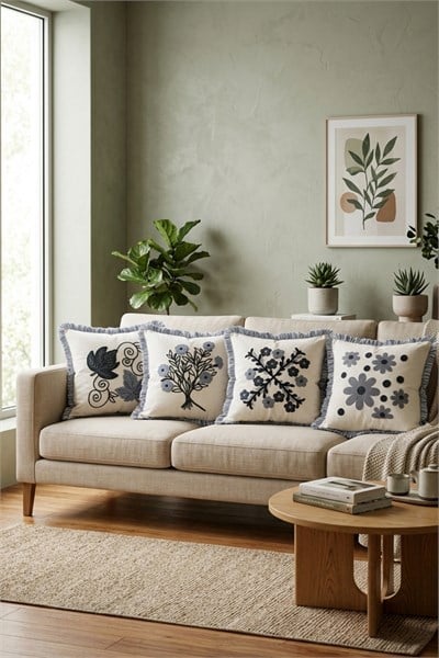 Punch Nakış Desenli Fırfırlı & Saçaklı Modern 4’lü Kırlent Seti Enerjik & Şık Salon Dekoru & Desenli Keten Kırlent Kılıfı