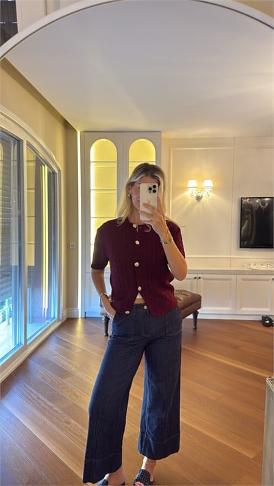 Kısa Kollu Pamuk Triko Bordo