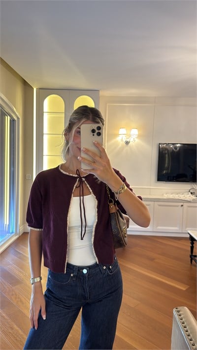 Kurdele Detaylı Bordo Hırka