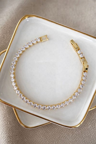 4mm Yuvarlak Taş Su Yolu Bileklik 14K Altın Rengi Çelik Kararmaz 16+2cm