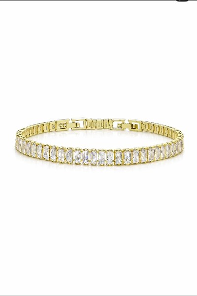 5mm 14k Altın Renk Baget Taş Su Yolu Kararmaz Bileklik 16+2cm Kadın Çelik Bileklik