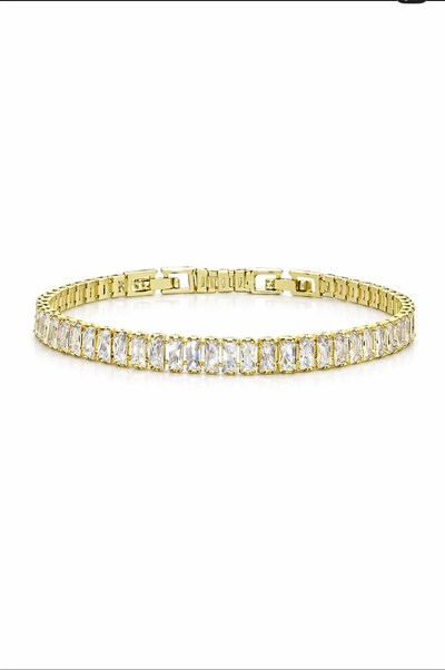 5mm 14k Altın Renk Baget Taş Su Yolu Kararmaz Bileklik 16+2cm Kadın Çelik Bileklik
