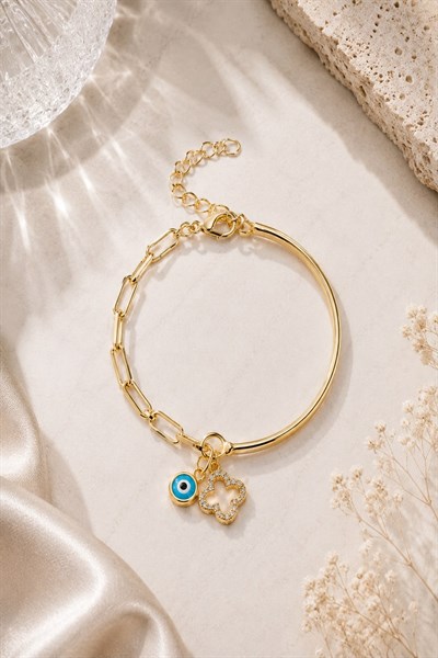 Kadın Bileklik 14k Dört Yaprak Yonca Nazar Boncuk Charm Bileklik