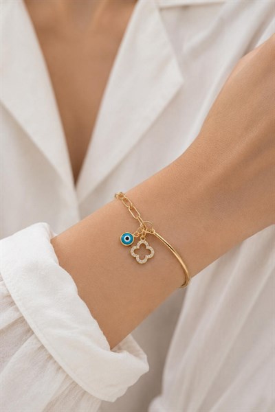 Kadın Bileklik 14k Dört Yaprak Yonca Nazar Boncuk Charm Bileklik