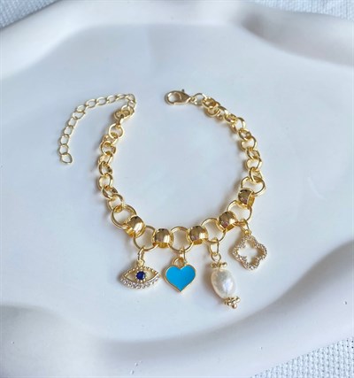 Kadın Bileklik Geçme Zincir İnci Yonca Mavi Kalp Göz Detay Bileklik