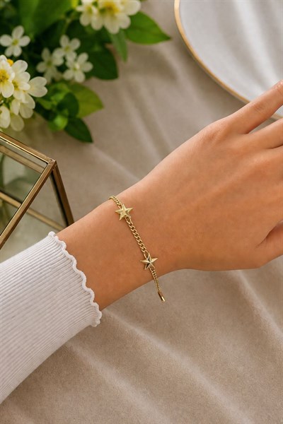 Kadın Bileklik Kararmaz 14k Altın Renk Vip Seri İthal Yıldızlı Klasik Zincir Bileklik