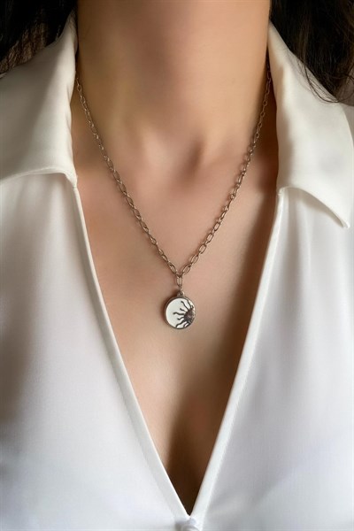 Kadın Çelik Kolye Beyaz Plaka Yarım Güneş Model Kolye