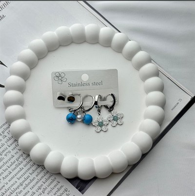 Kadın Çelik Küpe 6lı Çiçek İnci Turkuaz Taş Kararmaz Küpe