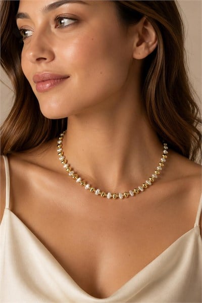 Kadın Kolye Barok Model Düz İnci Mix Zincir Kolye