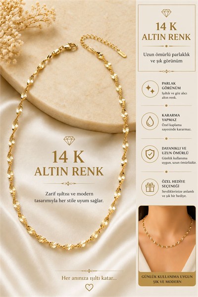 Kadın Kolye Kararmaz 14k Altın Renk Vip Seri İthal Burgu-İtalyan Zincir Kolye