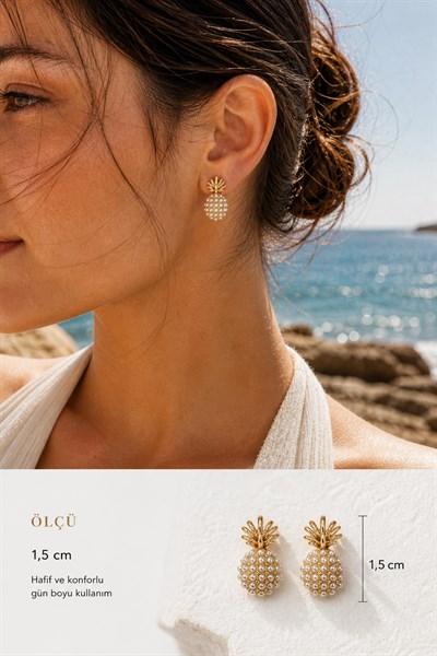 Kadın Küpe 14k Gold Renk İncili Ananas Premium Minimal Kararmaz Küpe