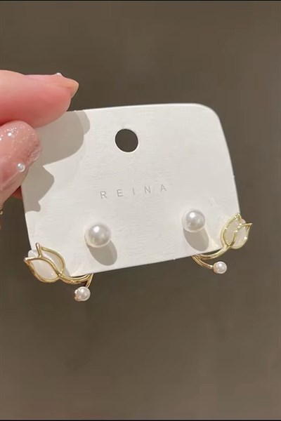 Kadın Küpe İncili Lale Model 14k Gold Minimal Tasarım Küpe