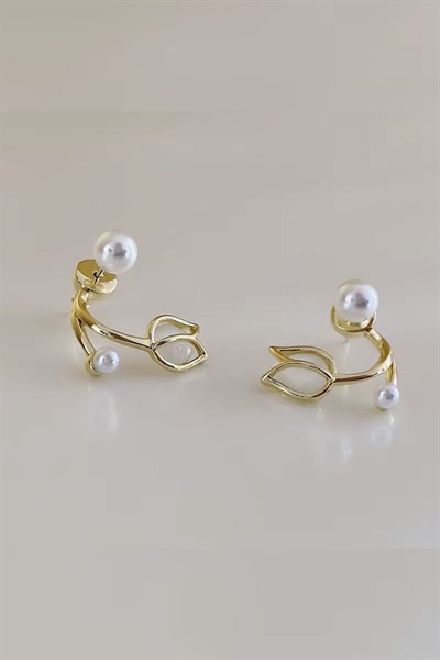 Kadın Küpe İncili Lale Model 14k Gold Minimal Tasarım Küpe
