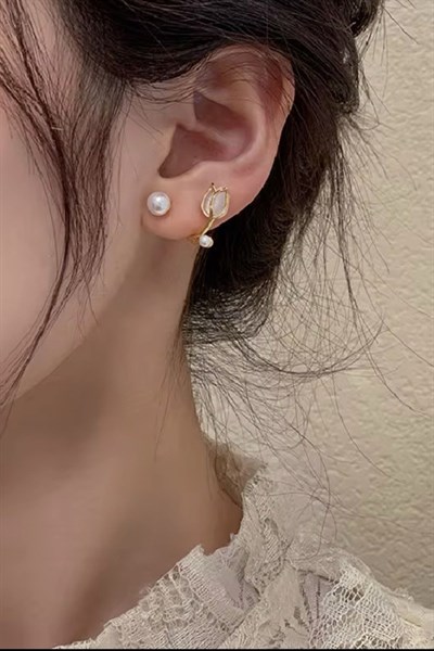 Kadın Küpe İncili Lale Model 14k Gold Minimal Tasarım Küpe