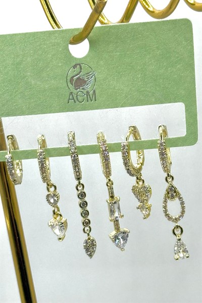 Kadın Küpe İthal Full Zirkon Seri 6lı Damla Kalp Uzun Sallantı Kararmaz Küpe