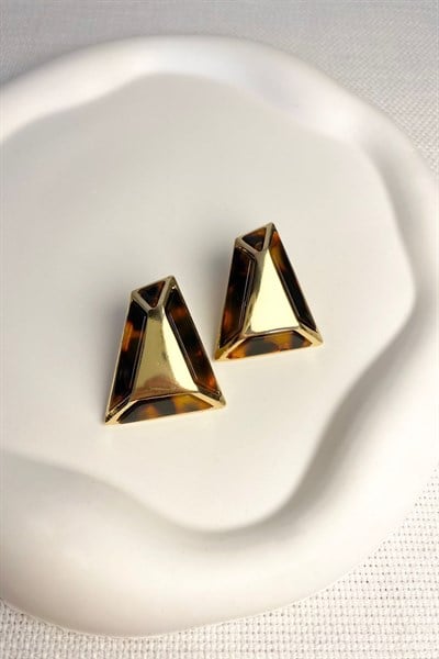Kadın Küpe İthal Zirkon Çift Renk Gold Detay Üçgen Kararmaz Küpe