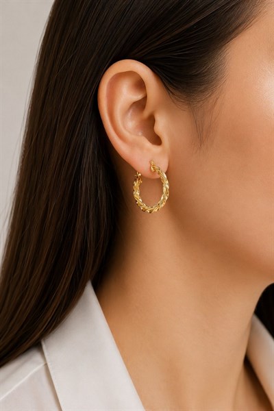 Kadın Küpe Kararmaz 14k Renk Vip Seri Detay Burgu Halka 3cm Küpe 