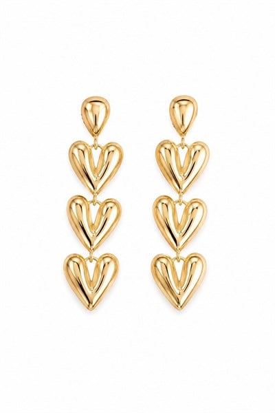 Kadın Küpe Kararmaz 14k Renk Vip Seri Üç Kalp Sallantı 6 cm Küpe