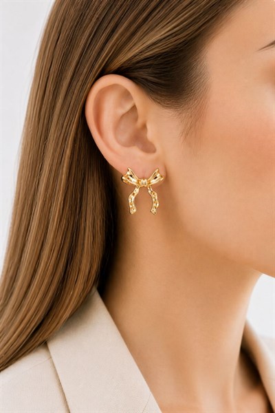 Kadın Küpe Kararmaz 14k Renk Vip Seri Zarif Model Kurdele 2cm Küpe 