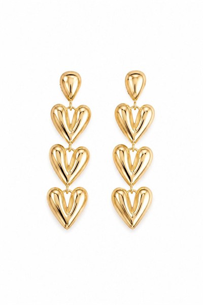 Kadın Küpe Kararmaz 14k Renk Vip Seri Üç Kalp Sallantı 6 cm Küpe