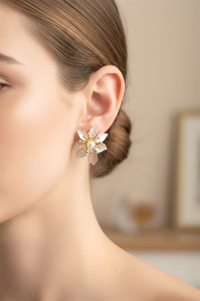 Kadın Küpe Kararmaz 14k Renk Vip Seri Pastel İnci Çiçek 3cm Küpe