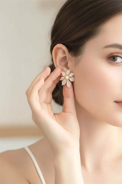 Kadın Küpe Kararmaz 14k Renk Vip Seri Pastel İnci Çiçek 3cm Küpe
