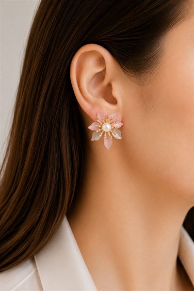 Kadın Küpe Kararmaz 14k Renk Vip Seri Pastel İnci Çiçek 3cm Küpe