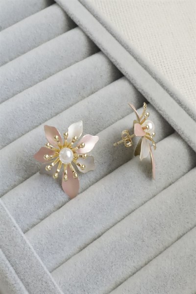 Kadın Küpe Kararmaz 14k Renk Vip Seri Pastel İnci Çiçek 3cm Küpe