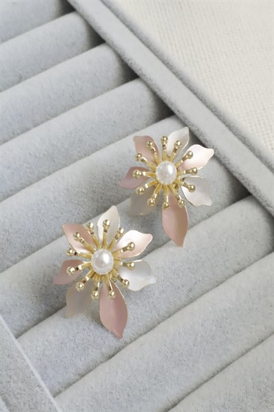 Kadın Küpe Kararmaz 14k Renk Vip Seri Pastel İnci Çiçek 3cm Küpe