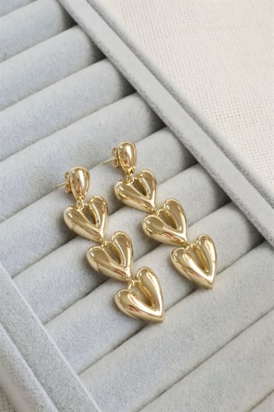 Kadın Küpe Kararmaz 14k Renk Vip Seri Üç Kalp Sallantı 6 cm Küpe