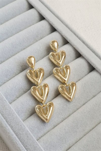 Kadın Küpe Kararmaz 14k Renk Vip Seri Üç Kalp Sallantı 6 cm Küpe