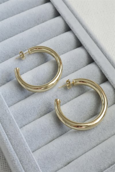 Kadın Küpe Kararmaz 14k Renk Vip Seri Boru Yarım Halka 4cm Küpe